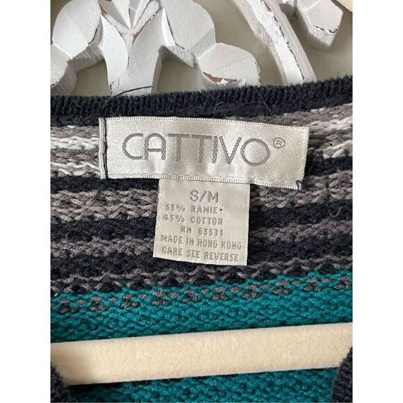 S4 90s VTG Cattivo Stripe Ramie Cotton V Neck Sweater Size‎ S/M - Picture 3 of 6
